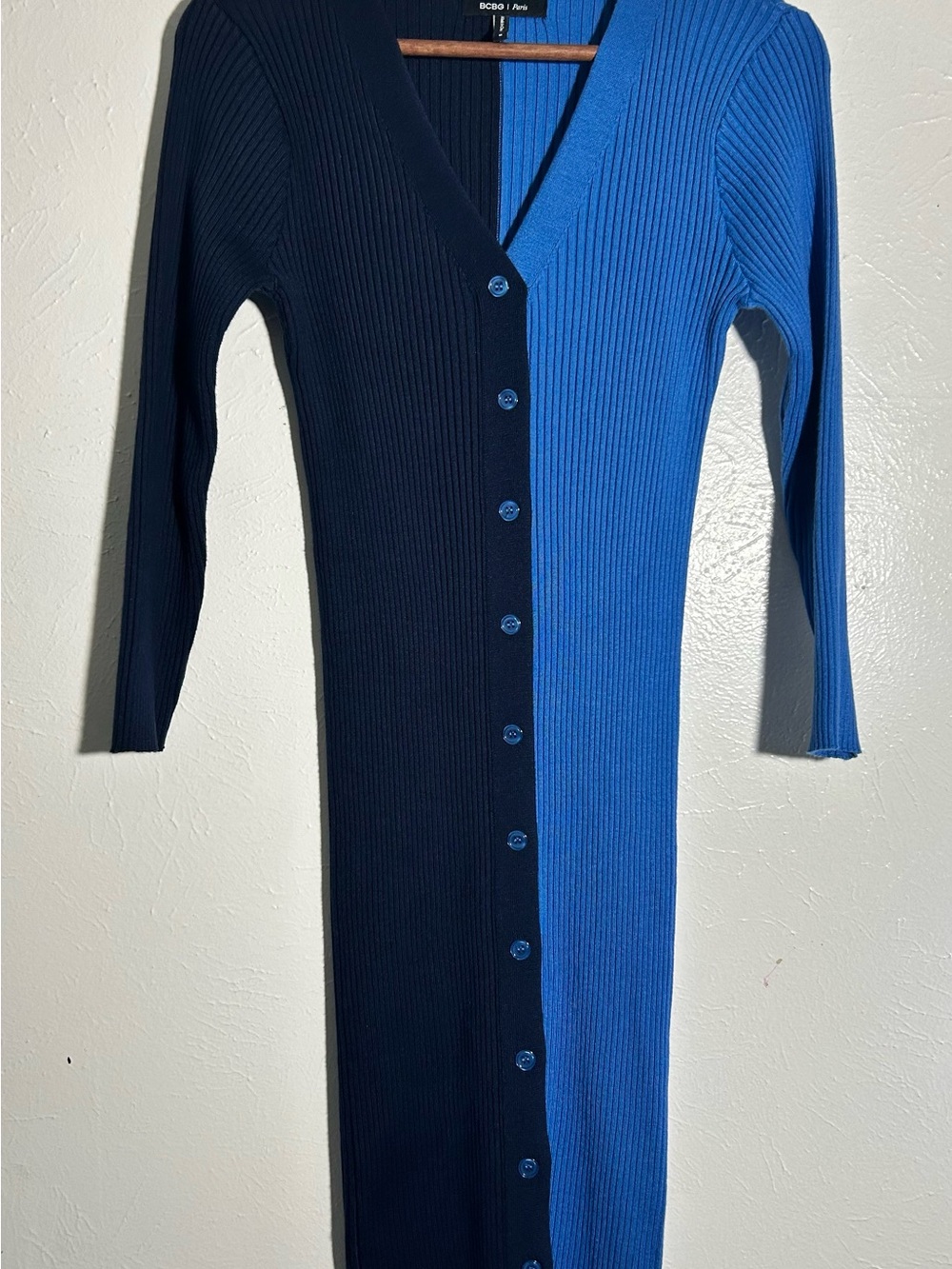 BCBG Paris Two-Tone Ribbed Button-Front Midi Dress in Navy & Royal Blue